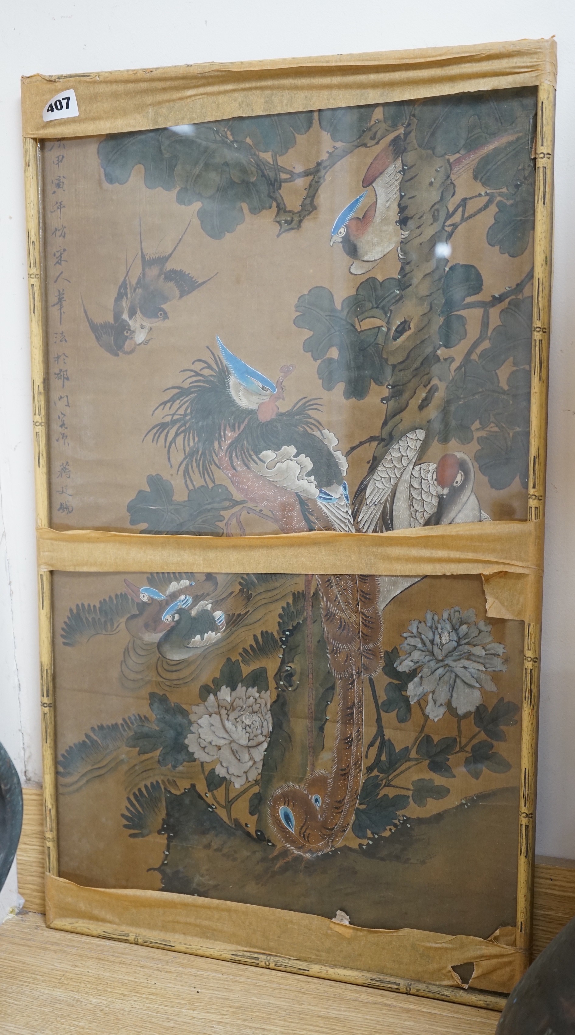 Japanese School, 19th century, painting on silk of birds amid foliage, height 76cm, width 44.5cm.